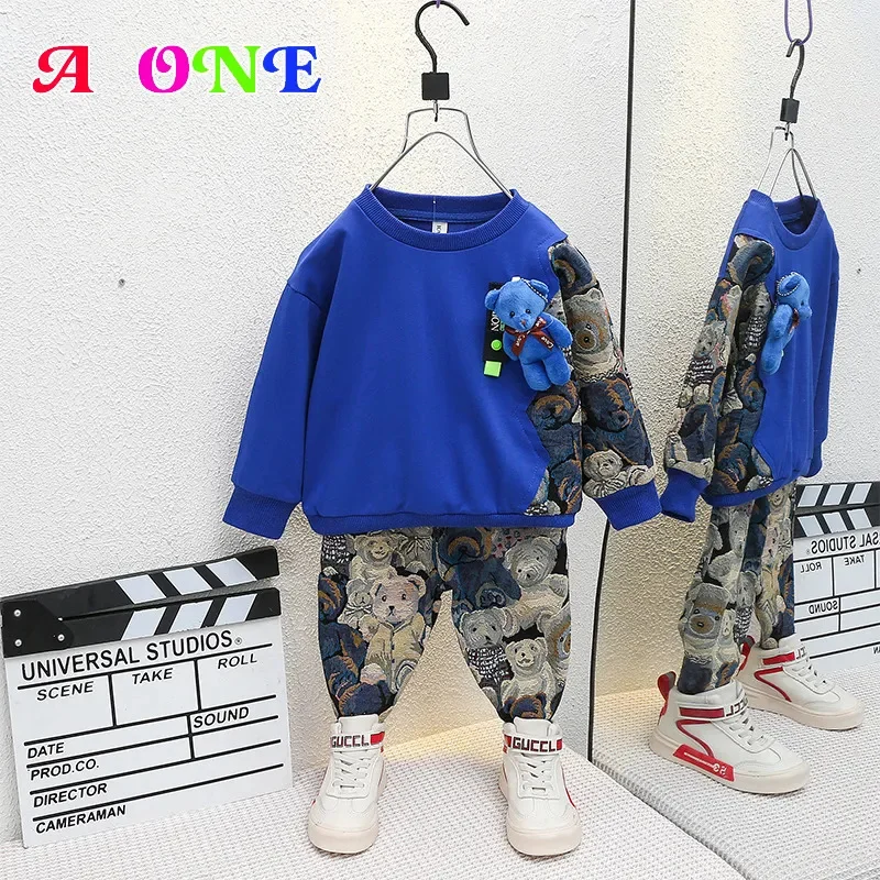 

boys suit baby set kids outfits spring autumn clothes sweatshirt + pants 2 pcs fashion embroidered bear clothing