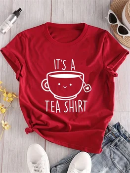 Women'S Casual Crew Neck T-Shirt Fashion Tee with "It's A Tea Shirt" Alphabet Cartoon Teacup Pattern Printed Summer Clothing 1