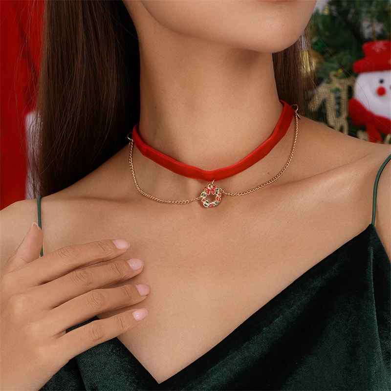 Trend ige rote Samt Choker Halskette für Frauen Weihnachts kranz Halskette Mädchen Neujahr Festival Schmuck Geschenke – Detail 2