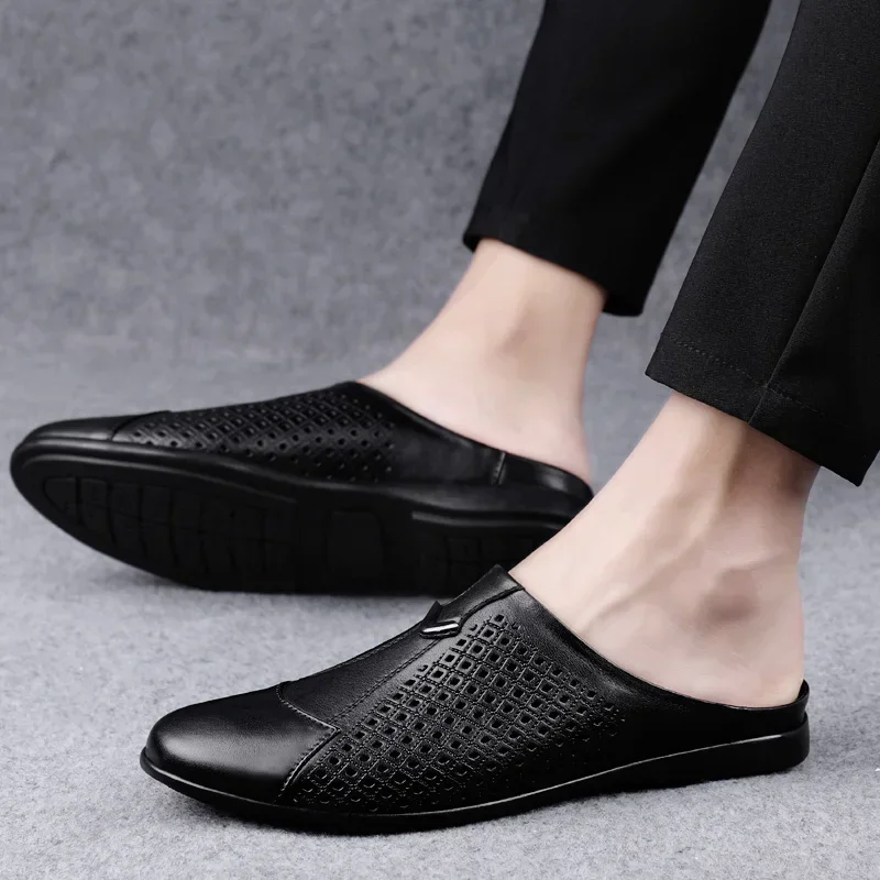 Fashion Mens Half Loafers Genuine Leather Baotou Leather Sandals Hollow Out Breathable Mules Man Outdoor Lightweight Half Shoes 5