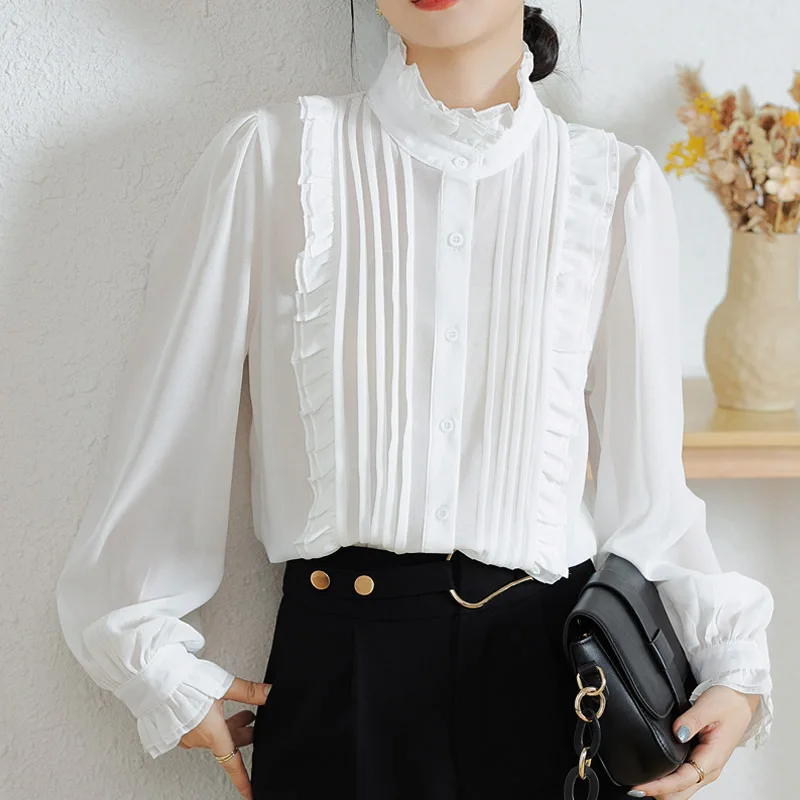 

French Style Sweet Edible Tree Fungus Blouse Ruffled Collar Shirt Autumn New Long Lantern Sleeve Women Tops Loose Clothes 28838