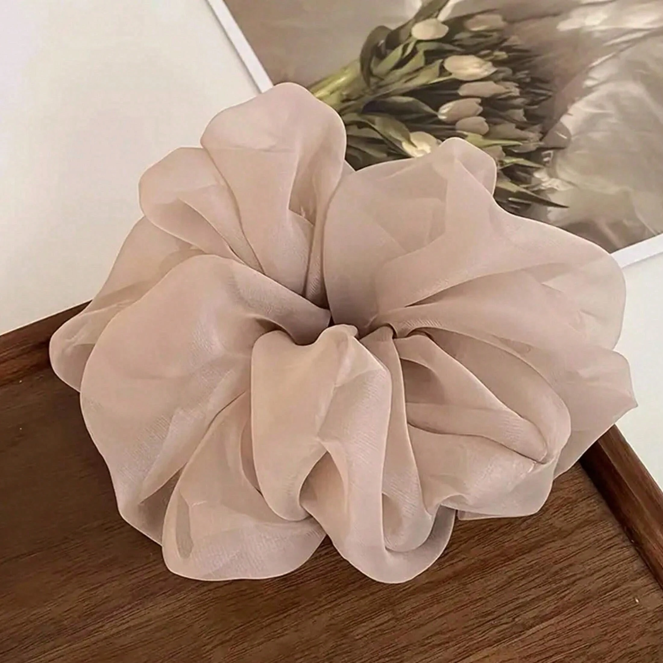 1/5 Stück französischer Stil Puff Chiffon Scrunchies elastische Haargummis elegante Pferdeschwanzhalter Haarknoten Dekoration – Detail 6