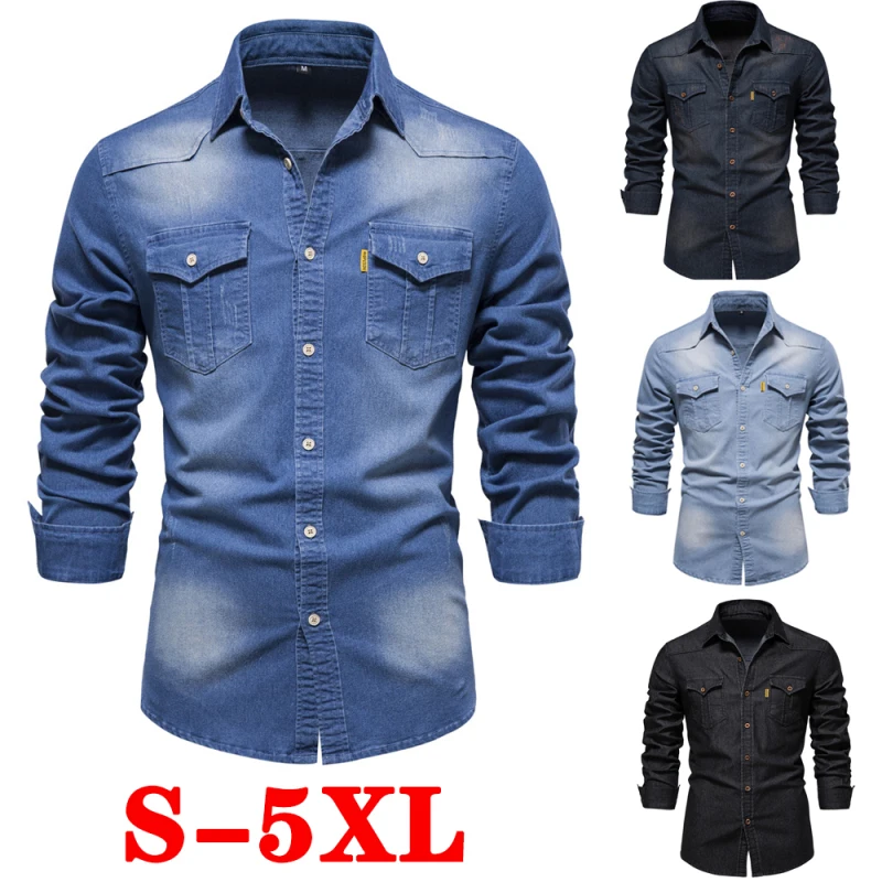 

2023 Men's Brand Elastic Cotton Denim Shirt Men Long Sleeve Quality Cowboy Shirts for Men Casual Slim Fit Mens Designer Clothing