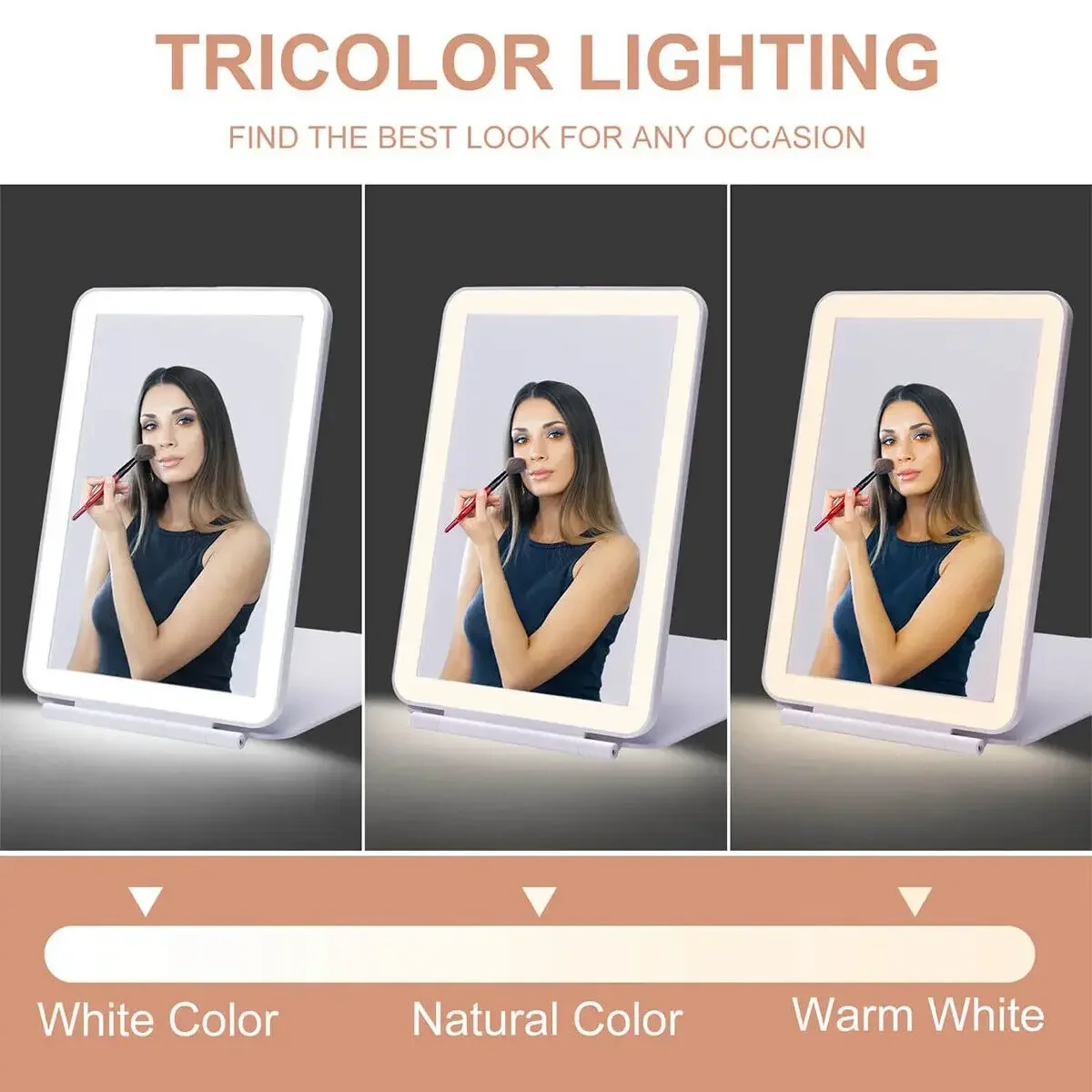 USB Rechargeable Makeup Mirror Touch Screen Dimming 3 Colors Light Modes Makeup Mirror HD Cosmetic Mirrors Folding LED
