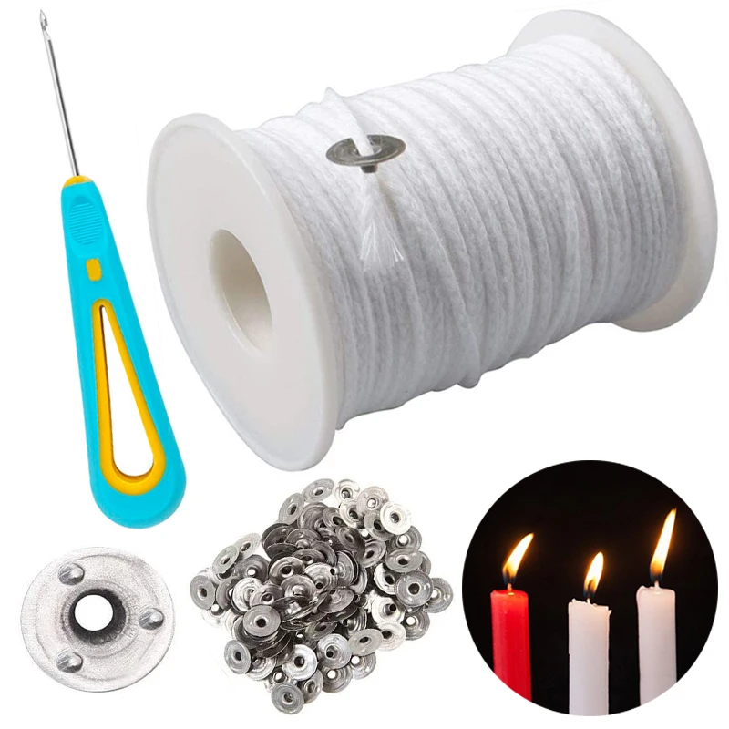 Kit Fabrication De Bougies DIY - 61 Mètres De Mèche En Coton + 100 Supports Métalliques - Pour Cire De Soja, Paraffine, Cire D'abeille, Etc.