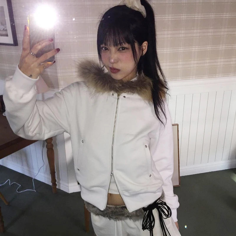 Karrram Japanese Y2k Fur Coat Women Vintage Korean Style Black Hooded Jacket Grunge Aesthetics Fur Collar Zipper Coat Thin 00s 4