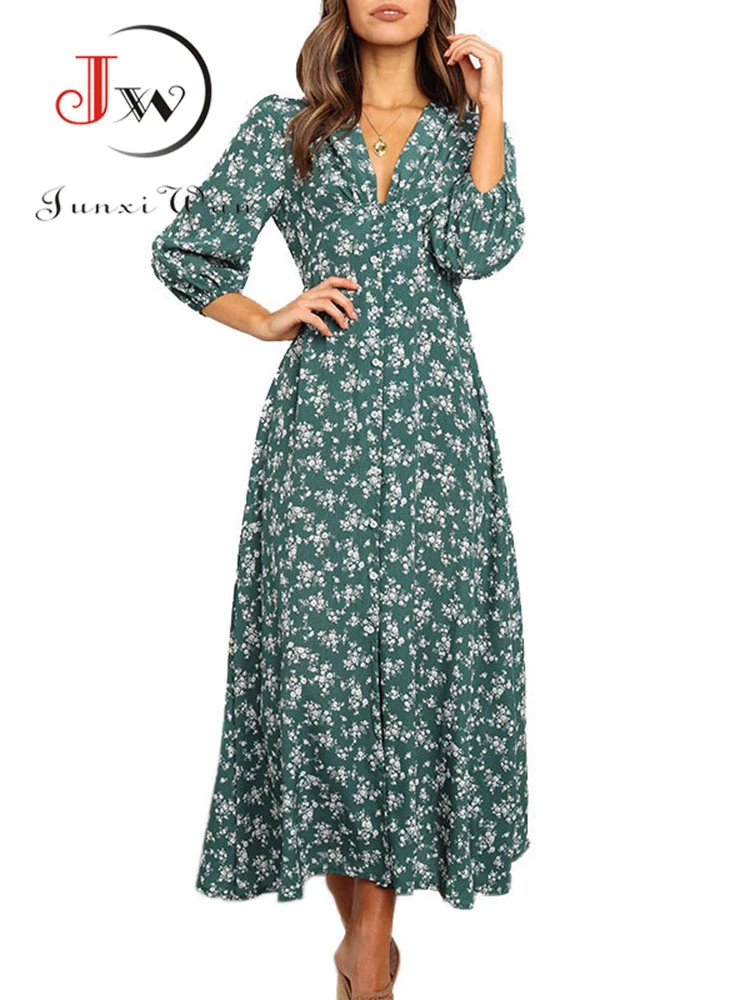 Women Chiffon Long Dress Floral Print ...