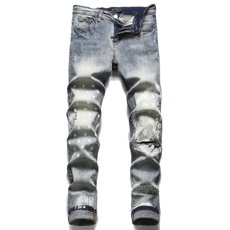 

Men Jeans Retro Splicing Denim Pants Slim Fit Ripped Streetwear Homme Hip Hop Hole Trousers Baggy Design Printed Jeans