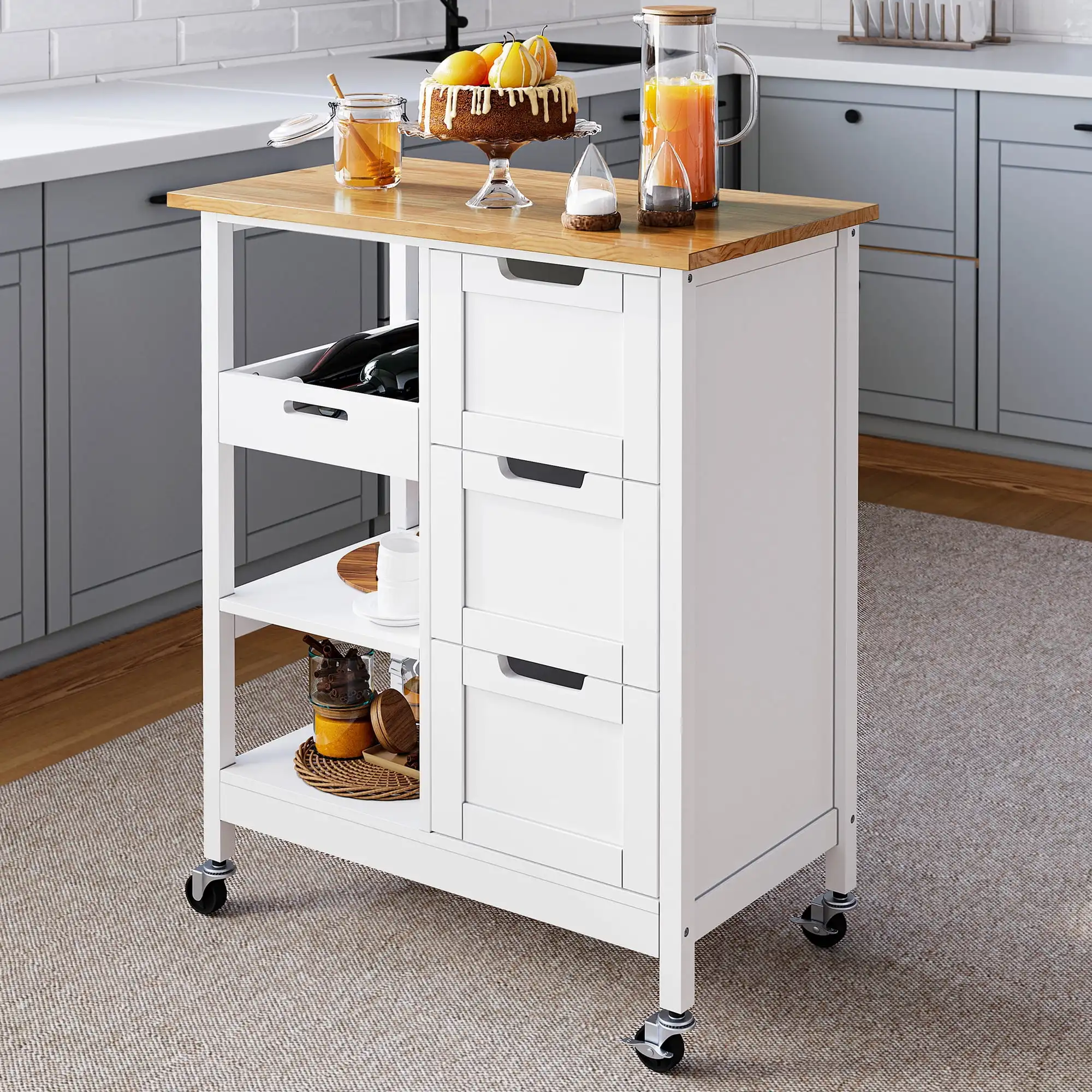 

Kitchen Island Cart with Storage Rolling Serving Utility Trolley Cart On Wheel with 3 Drawers and 3 Storage Shelves White