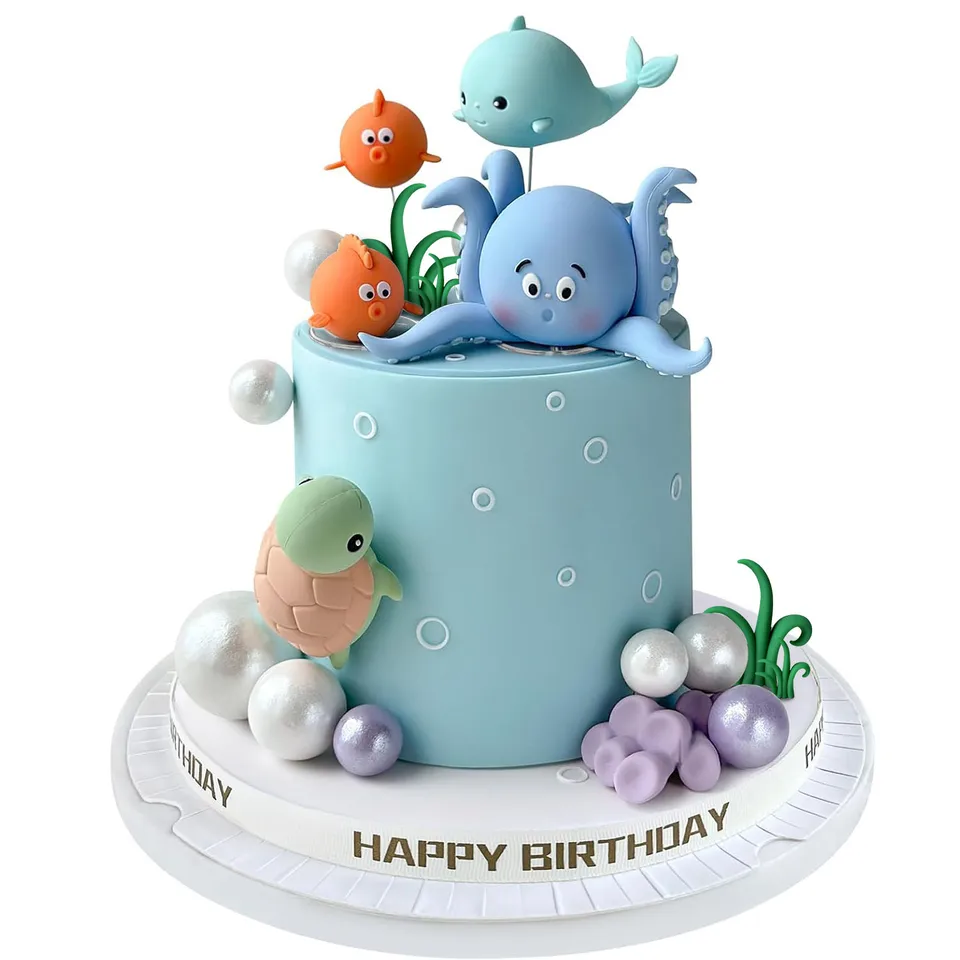 Decorazioni Per Torta A Tema Mare – Set Con Polipo, Pesce Diavolo, Tartaruga, Pesce Palla, Corallo E Balena