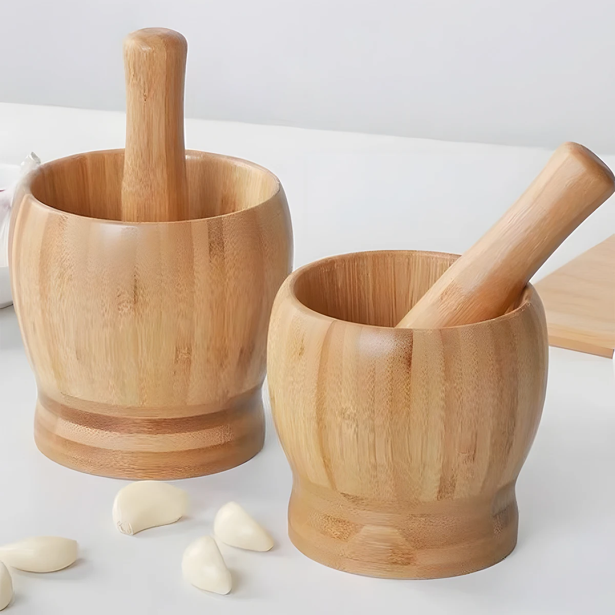 KMTBambooMortarsandPestleSetwithLidPepperGarlicSpicesGrinder