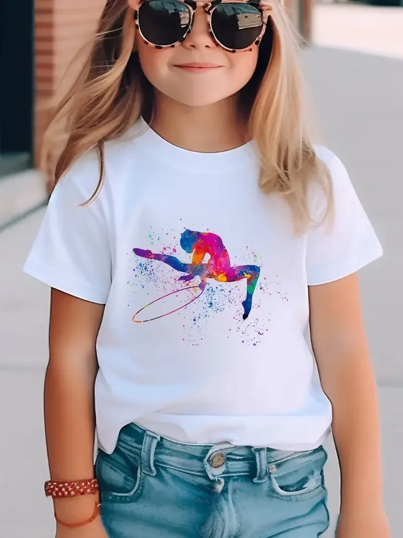 소년 티셔츠 소녀 어린이 리듬 체조 프린트 티셔츠 모달 의류 반팔 소년 의류