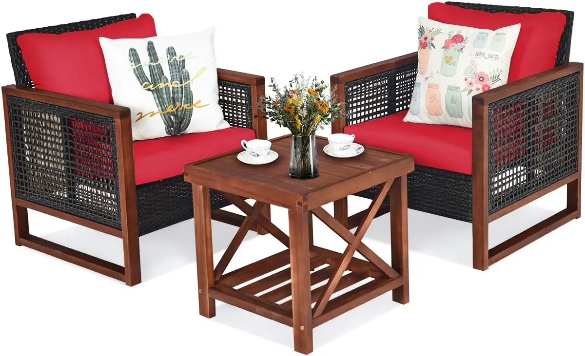 

3pcs Patio Wicker Conversation Set, Rattan Outdoor Sofa Set w/Washable Cushion & Wooden Coffee Table for Garden Balcony Backyard