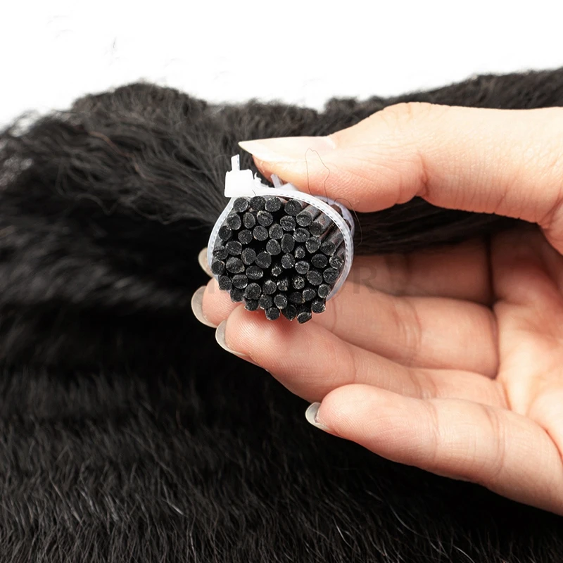 Kinky Straight I Tip Human Hair Extensions Cuticles Remy Micro Link With Free Beads 1.5cm 12