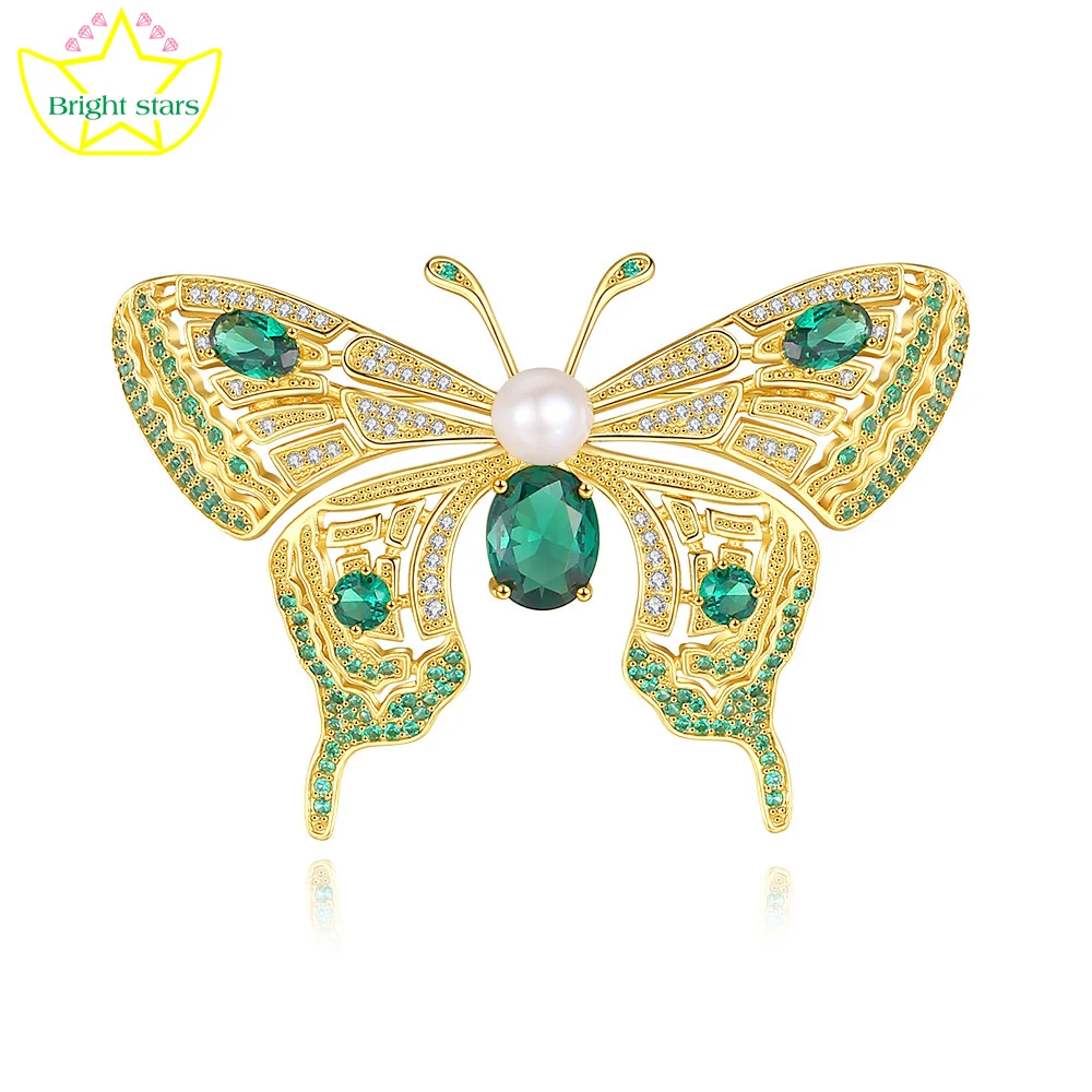 

Bright Stars s925 Sterling Silver Emerald Pearl Brooch High-grade female butterfly corsage pin accessories