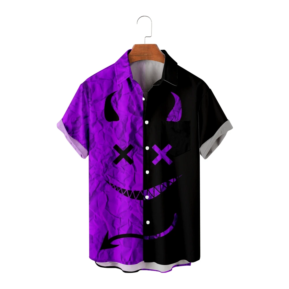 

Гавайские рубашки для мужчин, черные и фиолетовые рубашки в стиле пэчворк с принтом Демонов и короткими рукавами, летние пляжные дышащие топы для отпуска