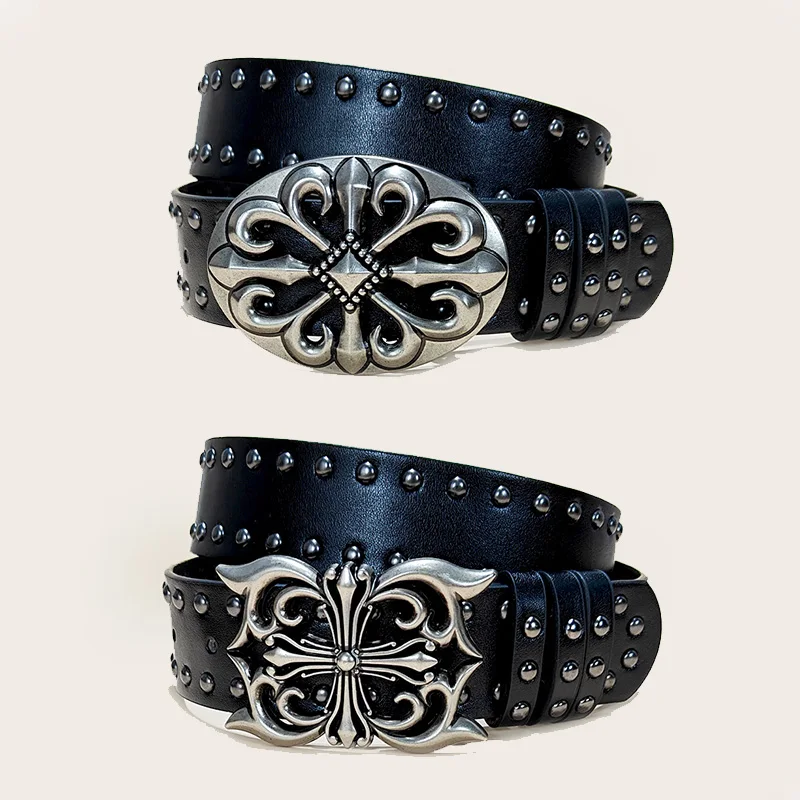 Unisex Jeans Gürtel Weibliche Punk 3,8 cm Breite Gürtel Für Frauen Plus Größe Luxus Designer Kreuz männer gürtel Gothic niet Bund Männlich