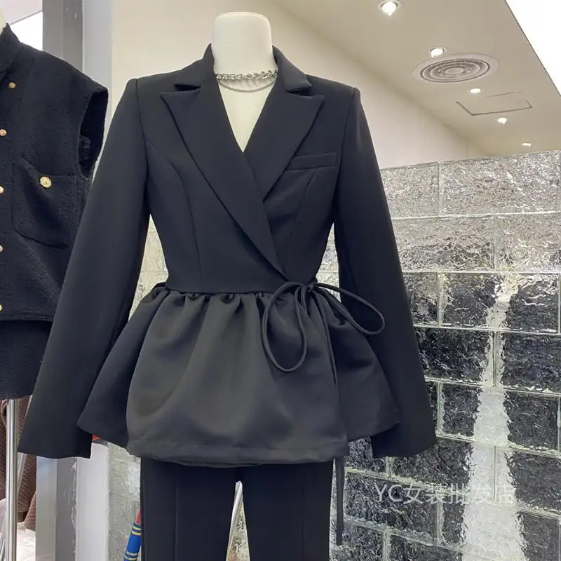 

Autumn 2023 New Commuter Polo Double Button Waist Mesh Spliced Rhinestone Suit Coat blazers for women