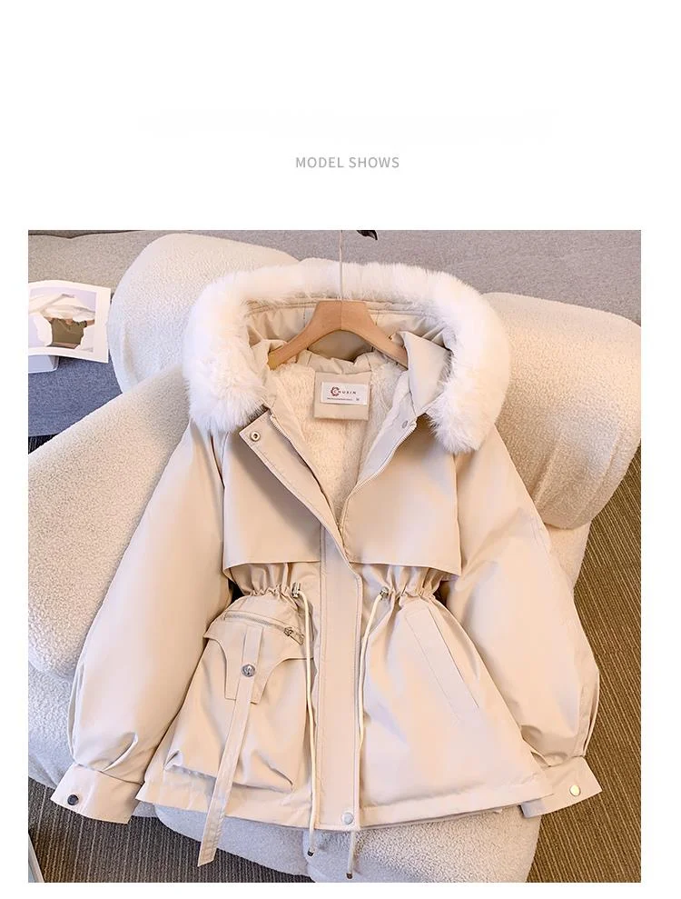women's mid length waist cinching slimming hooded big fur collar with plush cotton in large size_voghion.com