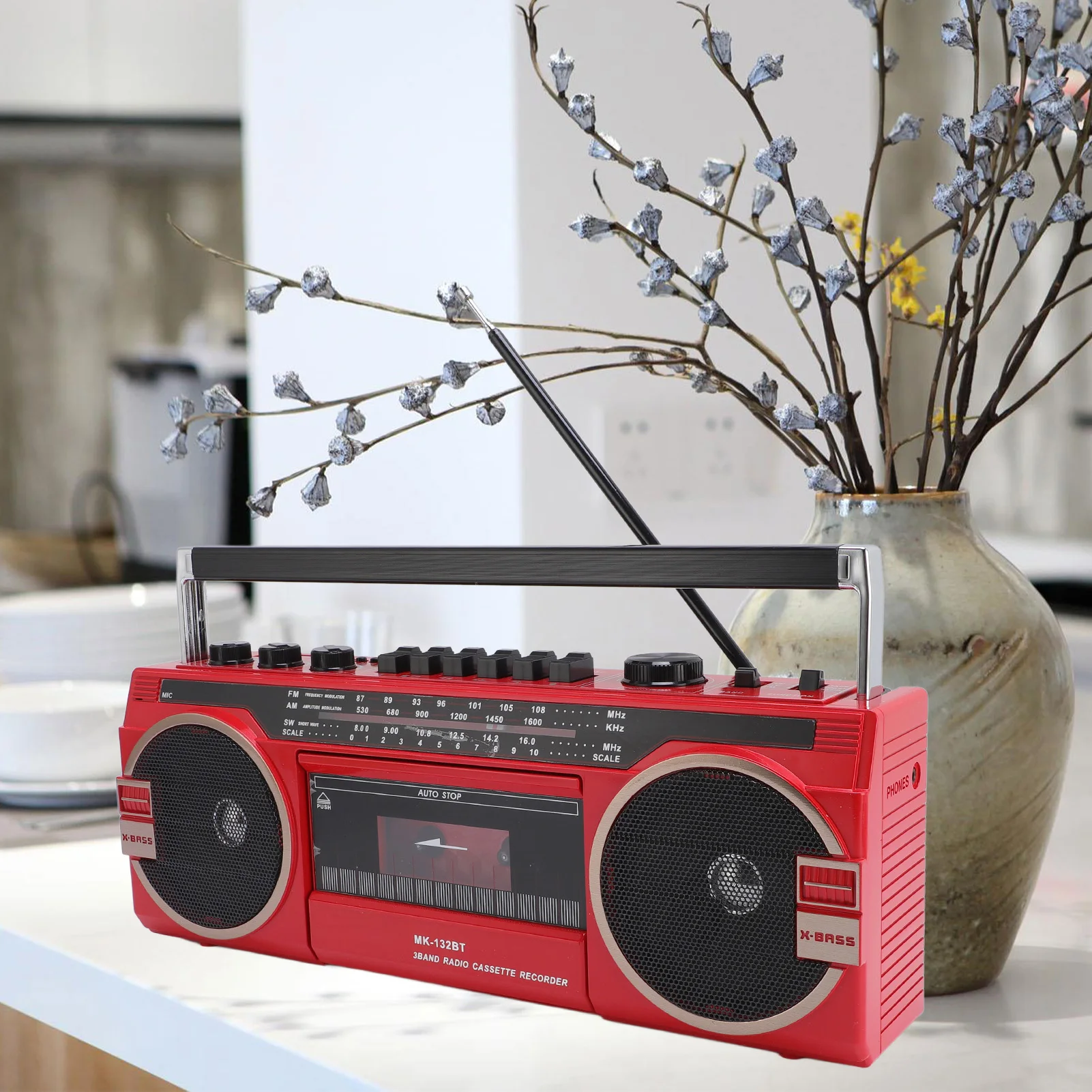 Radio Cassette Player Recorder Battery Operated Cassette Tape Player Recorder Red Bluetooth Speaker AC Powered for Outdoor