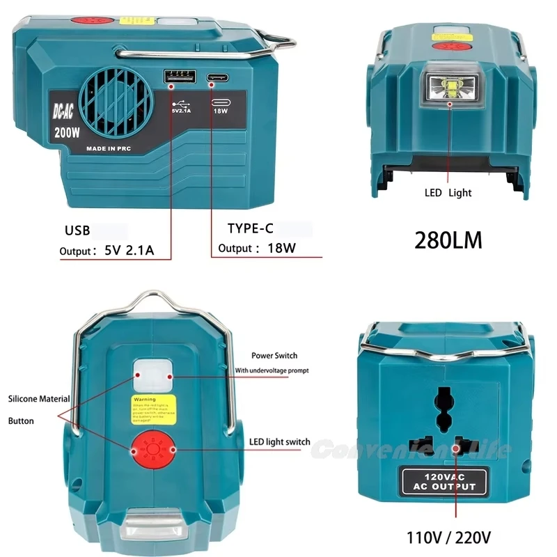 Power Inverter for Makita 18V Battery 200W DC 18V to AC 110-230V Portable Power