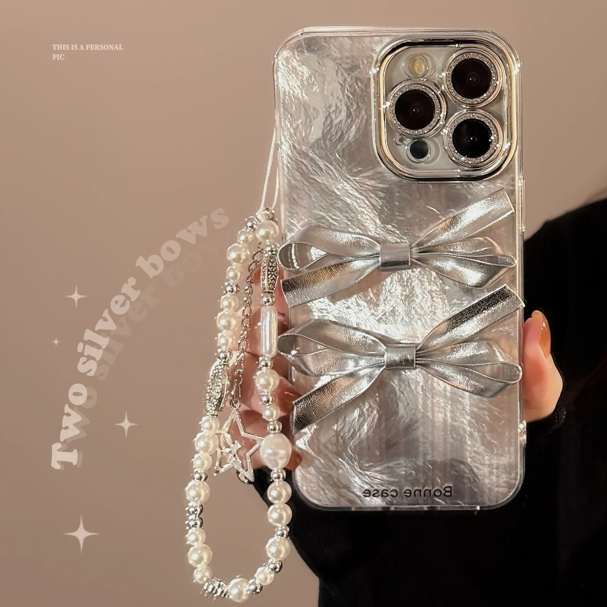 Ins Electroplated Silver Edge 3D Two Bowknots Bracelet Phone Case for iPhone 16 15 14 13 12 Pro Max 11 Back Cover Funda