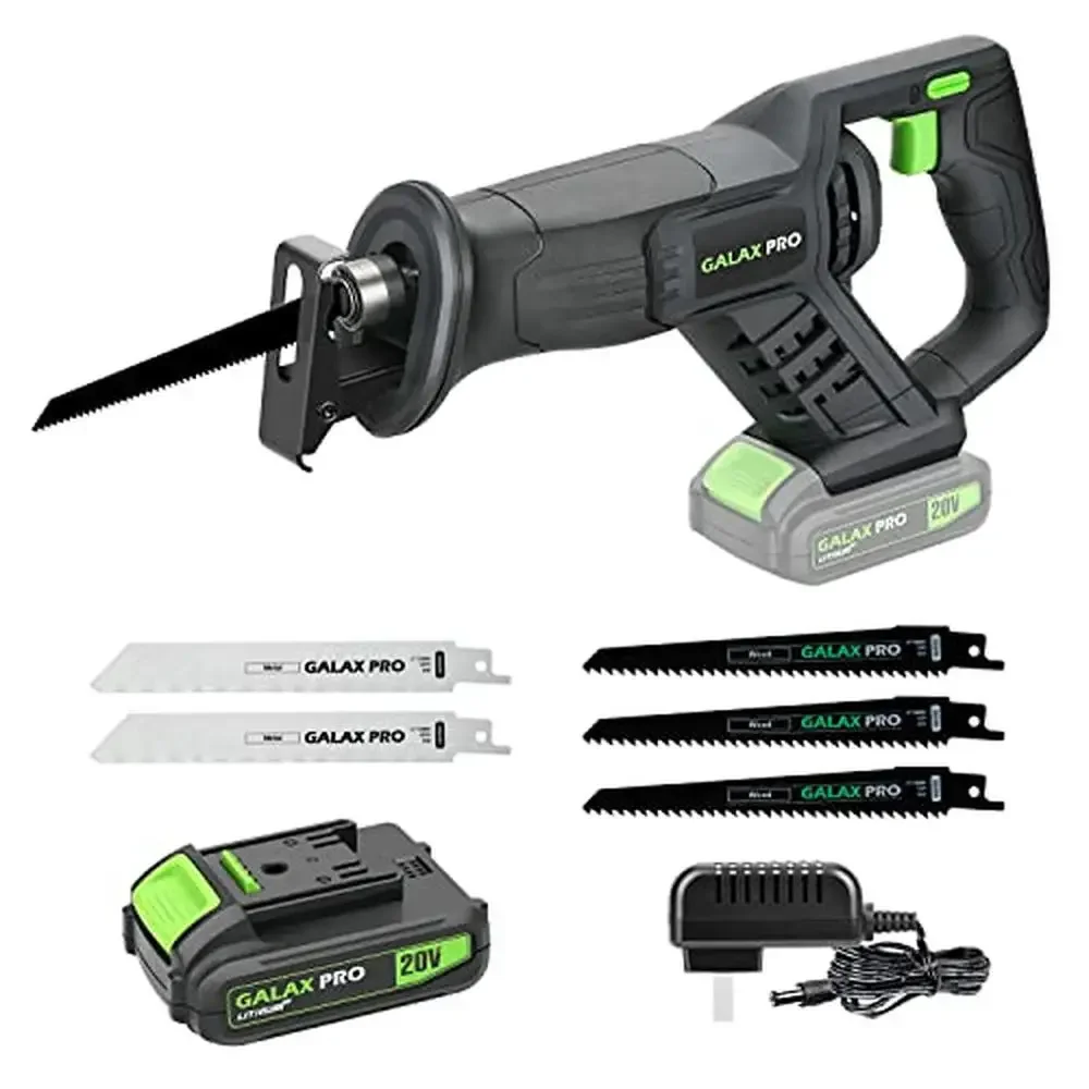 Cordless Reciprocating Saw 20V 2.0Ah Battery 0-3000RPM Power Tool 3pcs 6-inch Wood Blade & 2pcs Variable Speed Trigger Lock Off