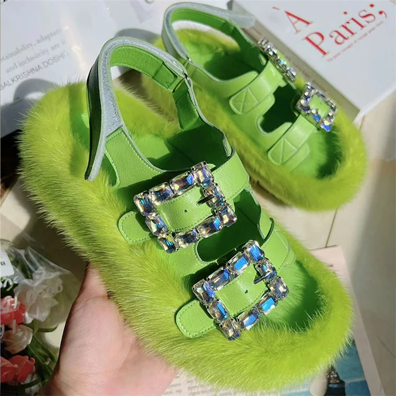 High Quality Furry Fur Sandals Winter Women's Casual Warmth Mink Fur Slippers Lace Up Rhinestone Home Sandals