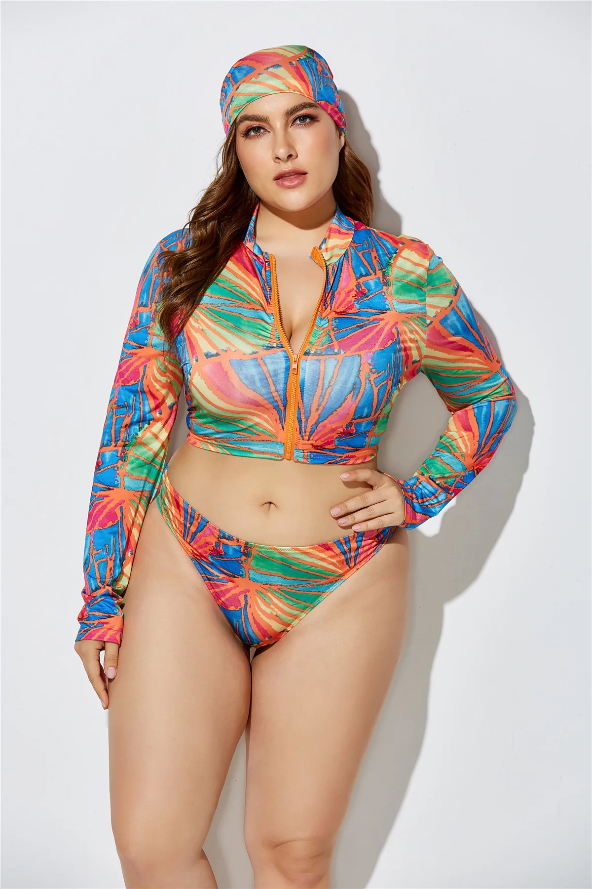 Plus Size Women Swimwear Set with New Print Triangle Bikini Headband Tie Waist Sexy Three-Piece Suit Bathing Suit Women Monokini