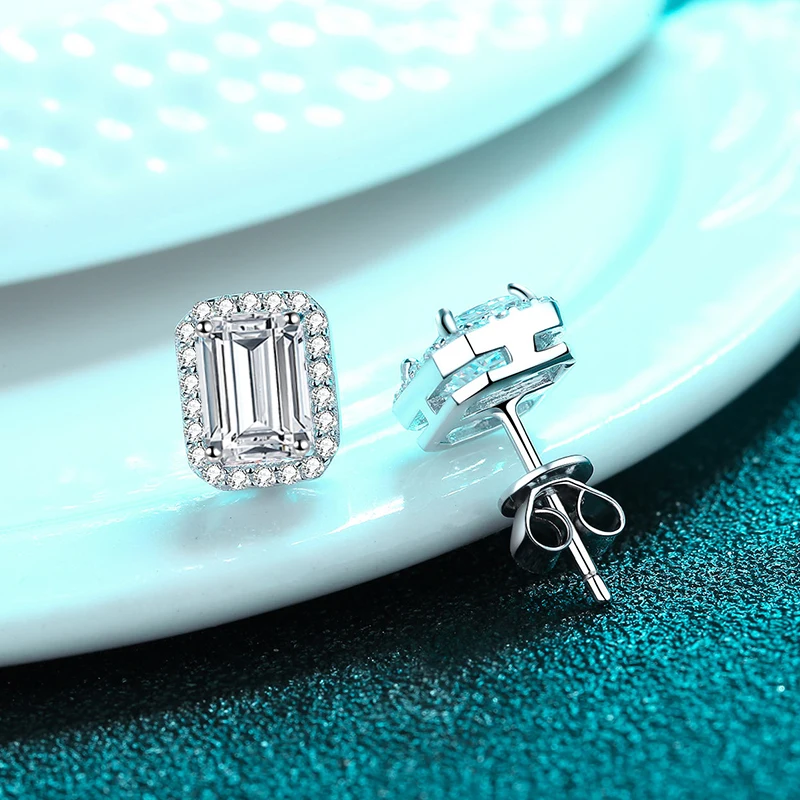 NeeTim 2ct Emerald Cut Radiant Cut Moissanite Earrings Lab Diamond S925 Sterling Silver Wedding Ear Studs Fine Jewelry for Women