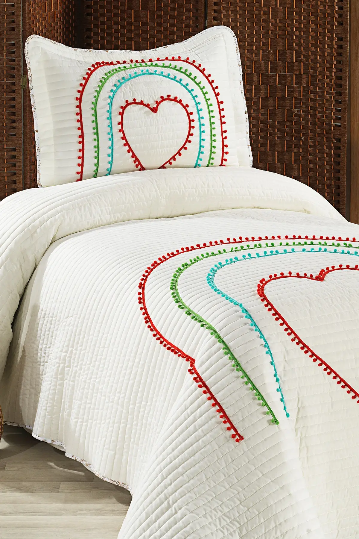 

Hale Colorful Pompom 100% Cotton Single Bed Cover with Heart (Pike) Suit Cotton 180x240 Bed-Free Beige