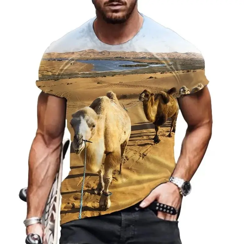 

Summer Men Desert Animal Camel 3d Printed T-Shirt O Collar Short Sleeve Loose Casual Fun Street Personality Plus Size Top