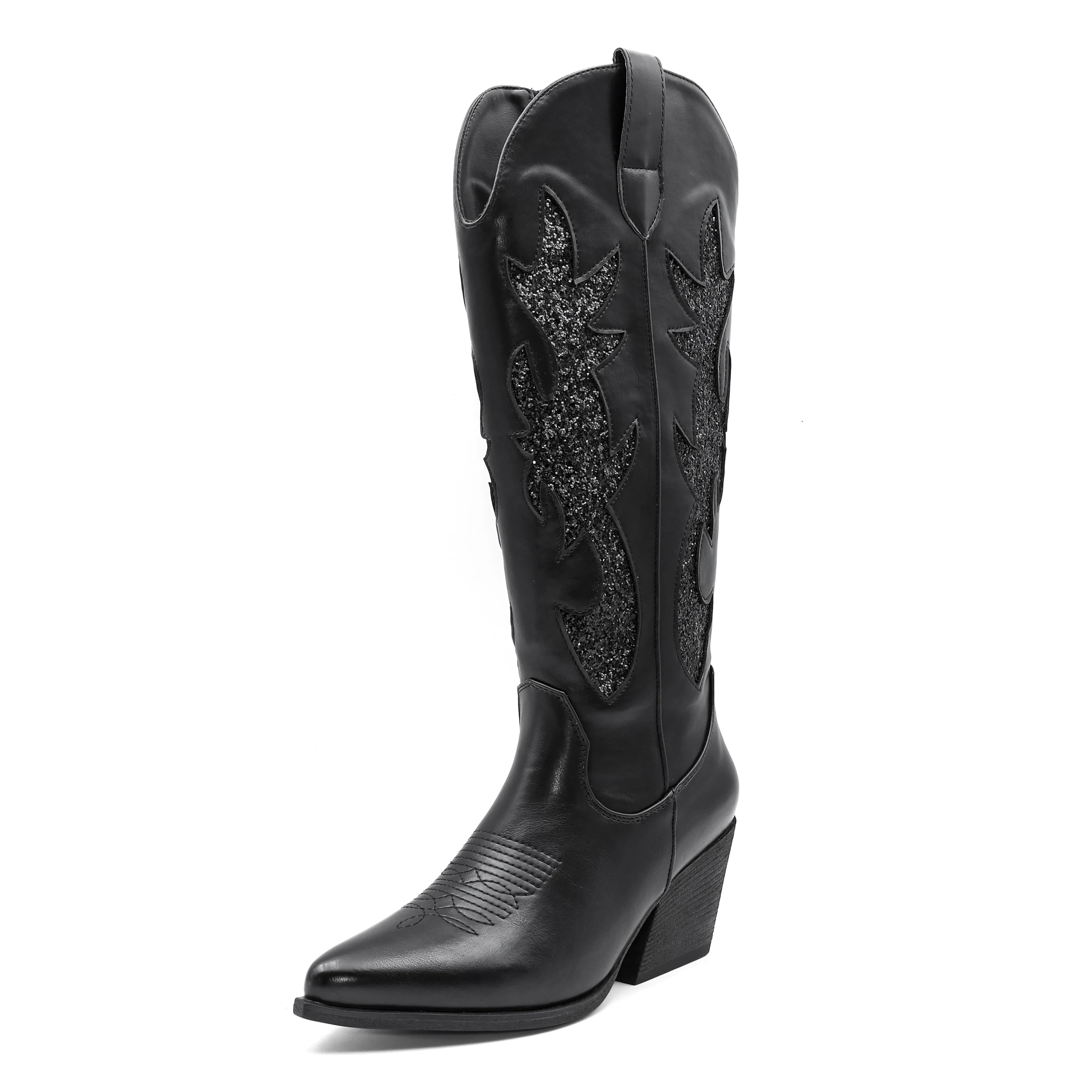 Shoes for Women New Embroidered Western Cowboy Boots Women Autumn Pointed Toe Thick Heel High Knee Boots - 4