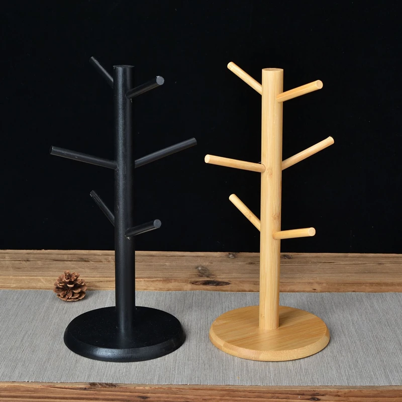 Description Picture 3 of itemBamboo Mug Hanging Display Rack Drinkware Shelf With 6 Hooks Tree Shape Wood Coffee Tea Cup Storage Holder Stand
