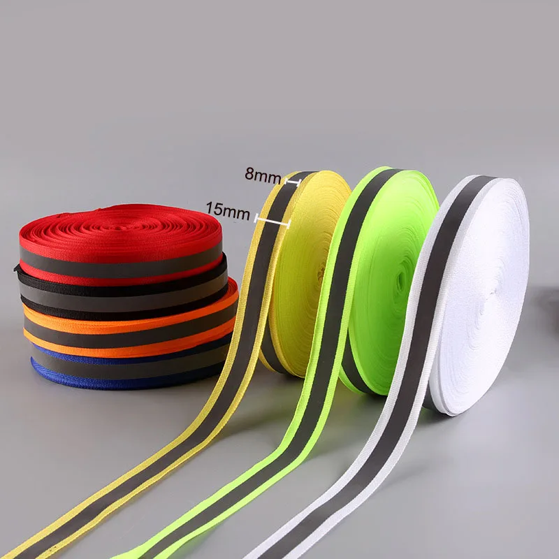 50 Yards/Roll 15mm Sewing Tape For Clothing 8mm Strip Silver Reflective Safety Vest Sew on Ribbon Fabric Blue Red Pink Green