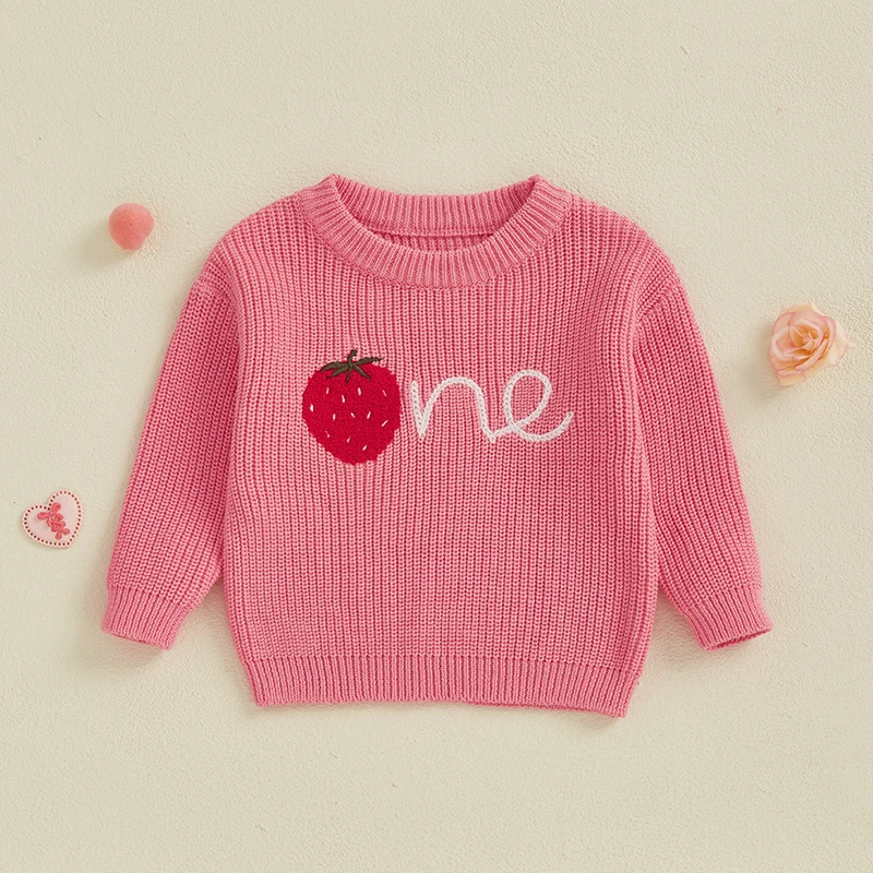 Citgeett Spring Infant Baby Girl Birthday Sweaters Long Sleeve Strawberry Embroidery Knit Pullover Tops Clothes