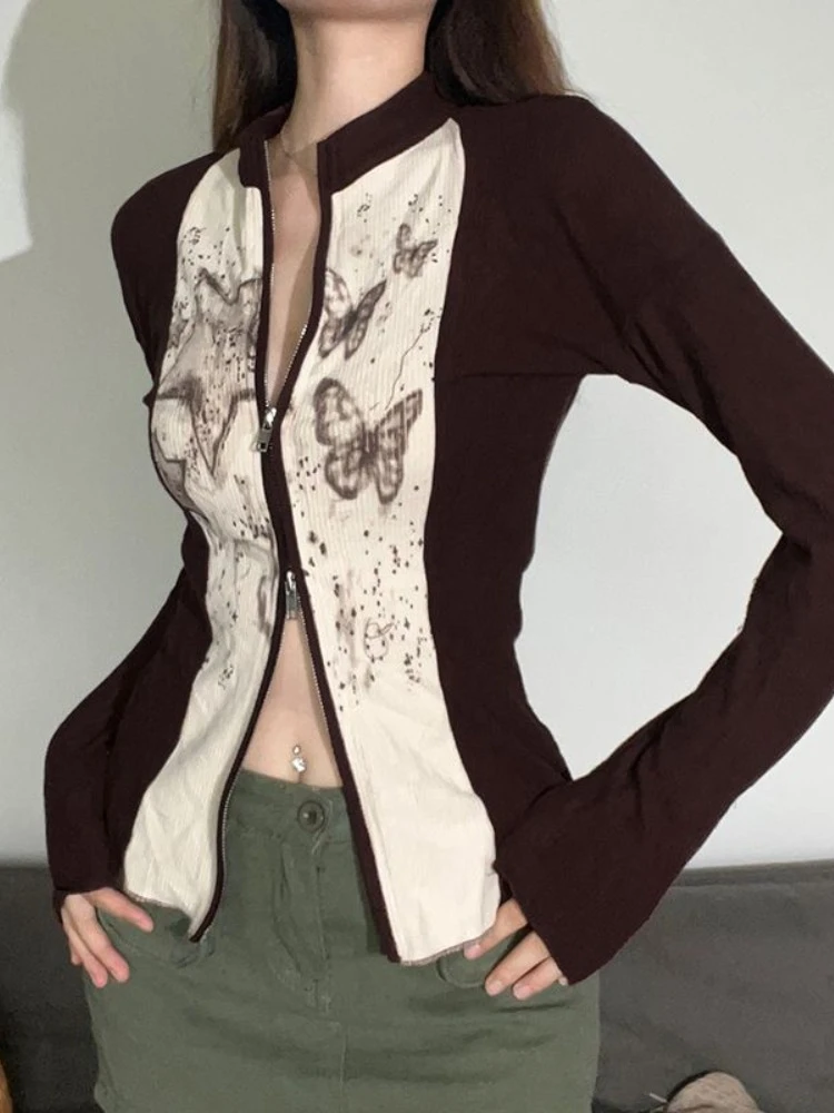 

Houzhou American Retro Zipper Streetwear Hoodie Women Korean Fashion Long Sleeve Autumn Winter Slim Patchwork Y2k Female Tops