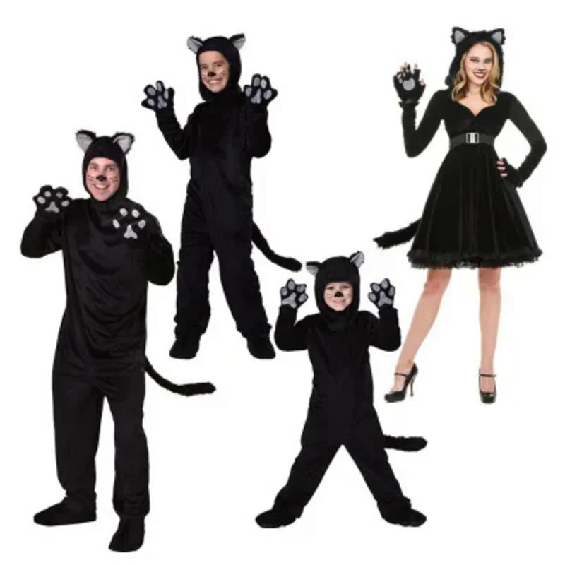 

Black Cat Costume For Men Women Child Cosplay Parent-child Costumes Attached Cuddly Animal Clothing Stage Performance Jumpsuits