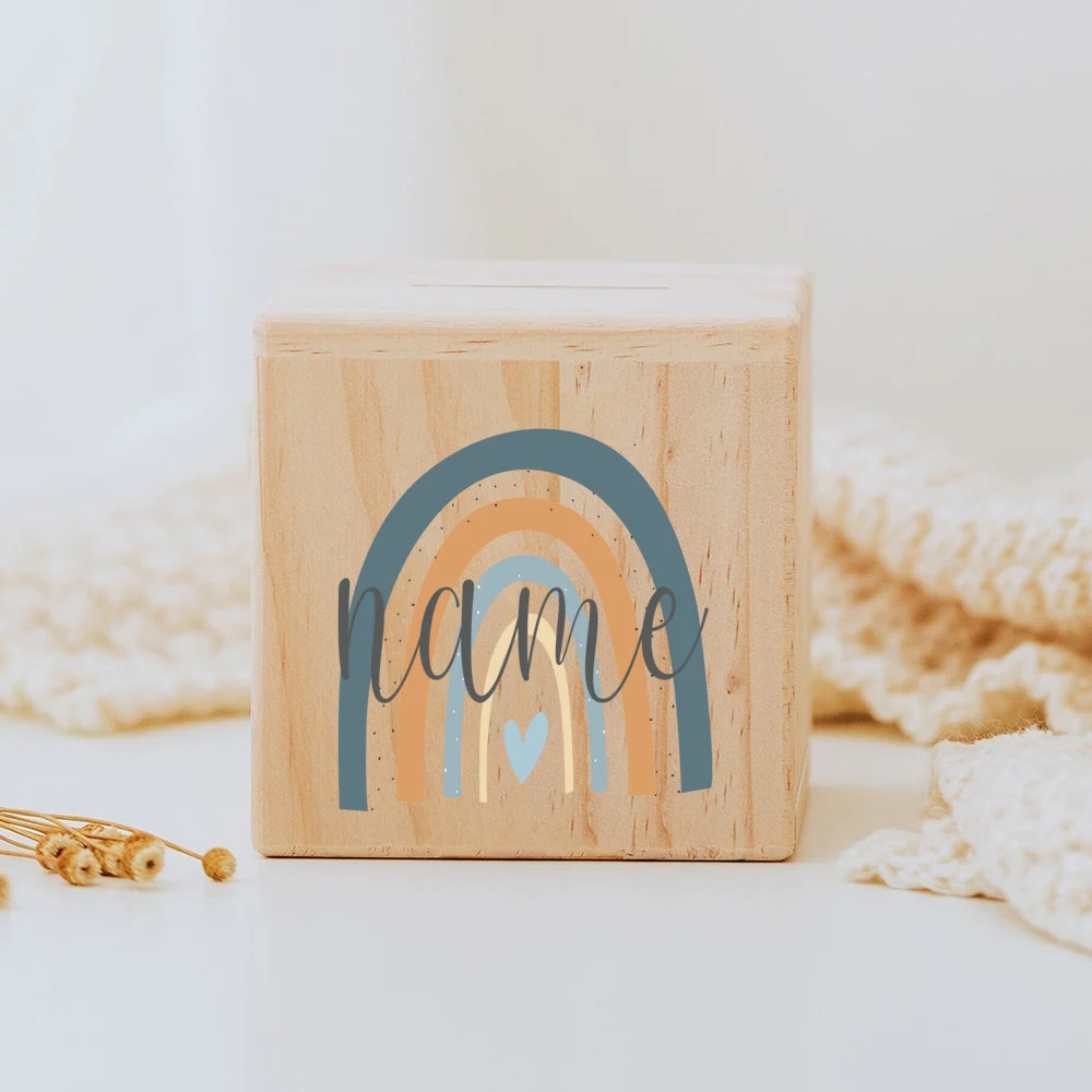 Wooden Money Box Personalized Rainbow with Name Child Coin Bank Coin Collection Case Birthday Holiday Gift for Kids