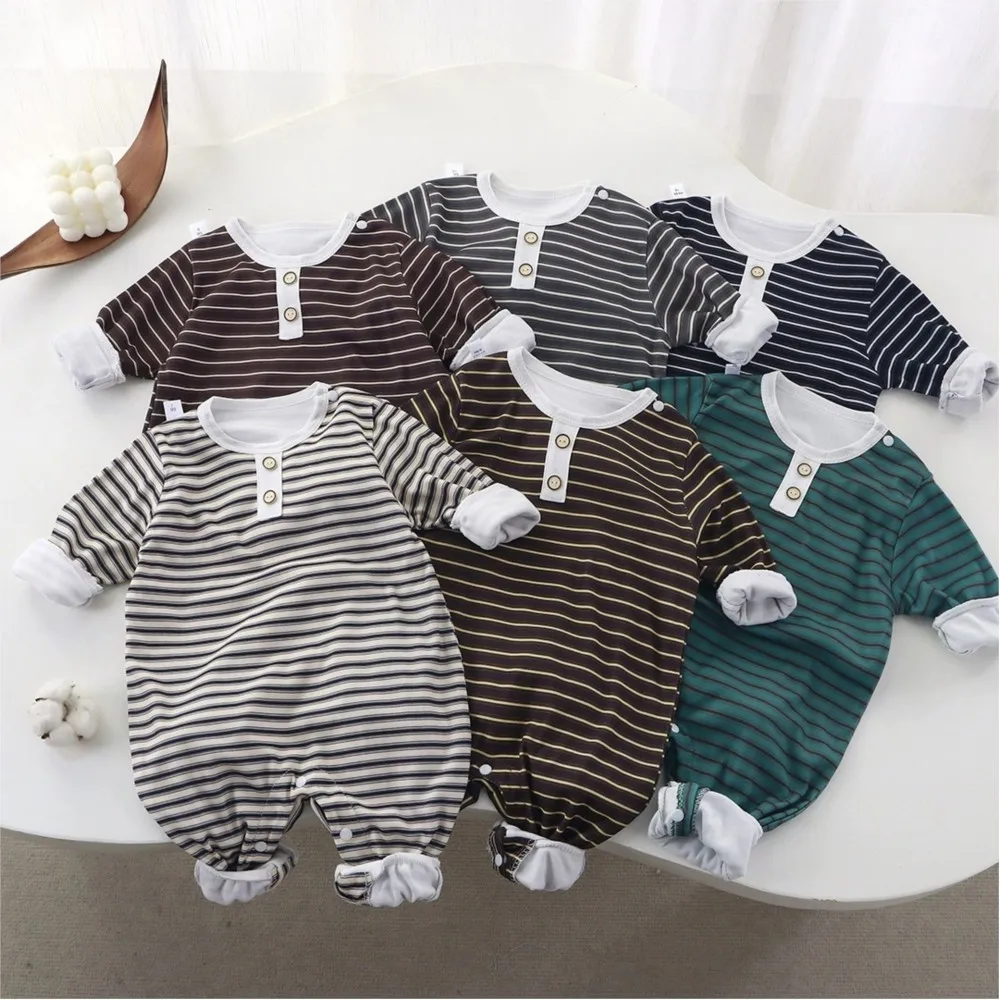 Baby Striped Romper, Long Sleeve Buttoned Onesie, Newborn Infant Cotton Jumpsuit Multi-Color Baby Outfit for Spring Autumn