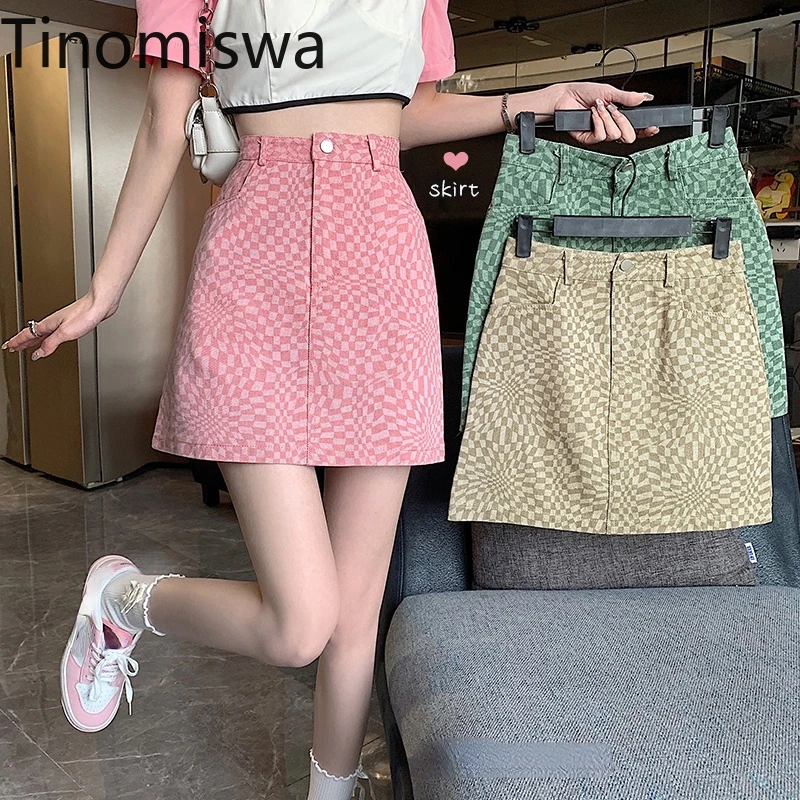 Tinomiswa Streetwear A-line Skirts Women High Waist Fashion Casual Mini Jupe Femme Plaid All-match Sweet Denim Faldas Mujer black denim skirt