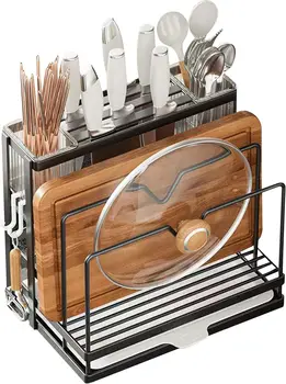 5-in-1 Wall Mounted Kitchen Organizer - Heavy-Duty Stainless Steel Utensil Holder | 20lbs Capacity for Cutting Boards/Knives