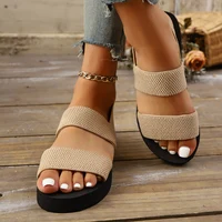 Sandales plates élastiques pour femmes, tissage d'herbe simulée, chaussures de plage légères décontractées, classiques noires 3