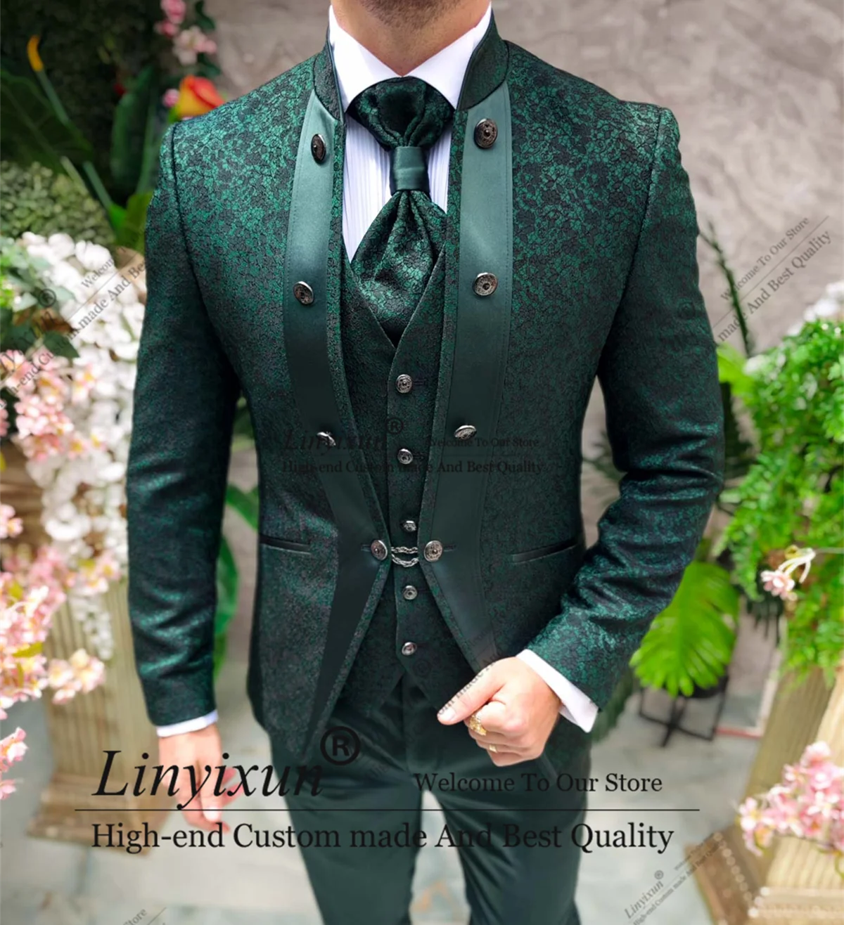 Italian Jacquard Style Mens Suit 3 Pieces Sets Groom Wedding Tuxedos Prom Blazers