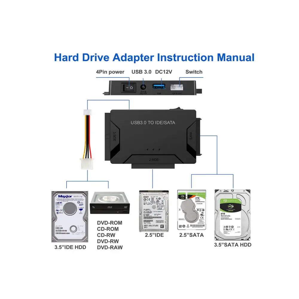 Sata to USB Adapter SATA/IDE to USB 3.0 Adapter Hard Drive Reader for Universal 2.5 3.5-Inch IDE and SATA External HDD/SSD Hard Drive Adapter