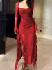 Women's Plain Ruffle Trim Long Sleeve Dress Fashion Sheer Mesh