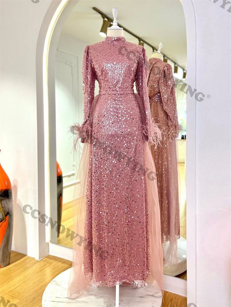 

Sparkly Sequin Hijab Muslim Evening Dress Satin Long Sleeve Islamic Women Formal Party Gowns Arabic Dubai Robes De Soirée