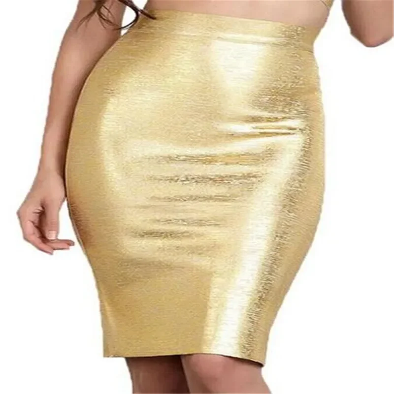 

New Women Sexy Gold Silver Bandage Skirts High Street Celebrity Knitted Designer Bodycon Midi Pencil Skirts 78cm