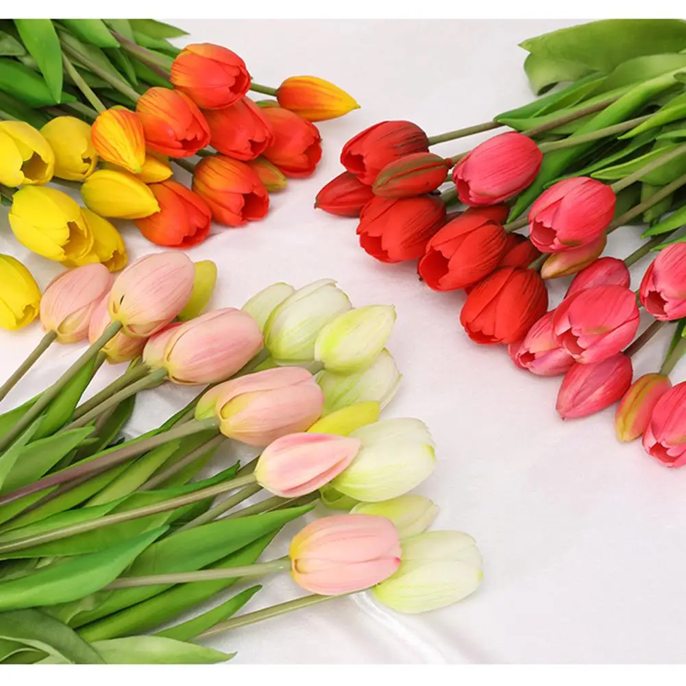 5 Pcs Soft Rubber Artificial Tulip Bouquet Colorful Hand Tie Fake Flowers Decoration For Living Room Dining Table Wedding Party