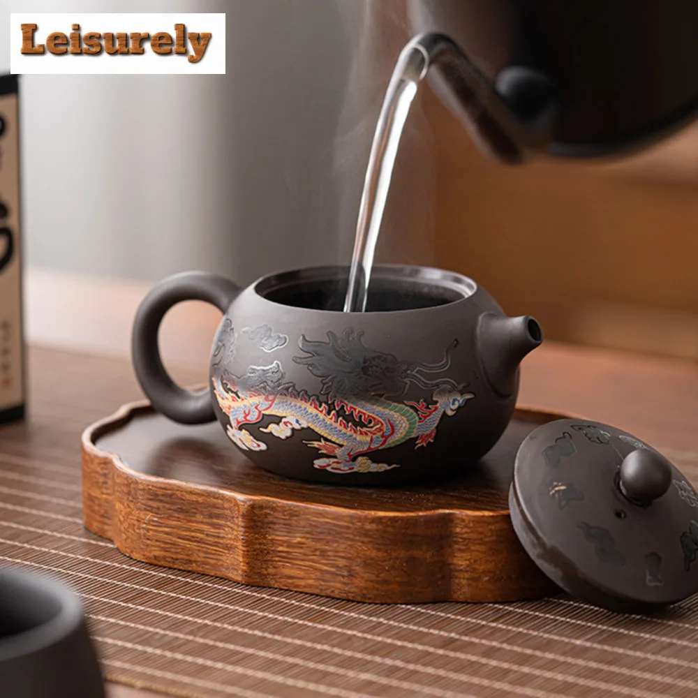 220ML Chinese Dragon Phoenix Purple Clay Teapot Hot Water Color Change Xishi Pot Tea Brewing Kettle Zisha Kung Fu Teaware Gift